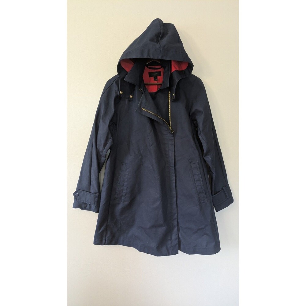 J Crew Womens A-Line Rain Jacket M Detachable Hood Navy Blue Classic